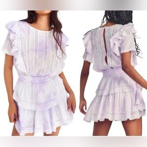 LoveShackFancy Natasha Ruffle Mini Dress Purple White Cotton Size Large
